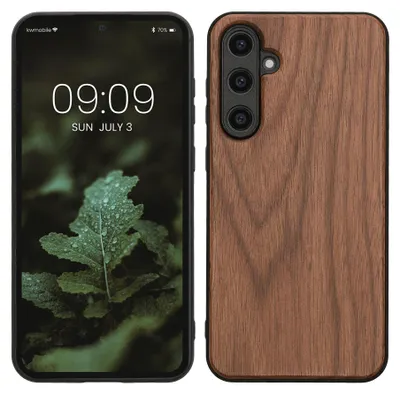 Produktbild von kwmobile Handyhülle für Samsung Galaxy S23 FE Hülle Holz - Case mit TPU Bumper - Stoßfestes Hardcase - Schutzhülle Cover in Dunkelbraun