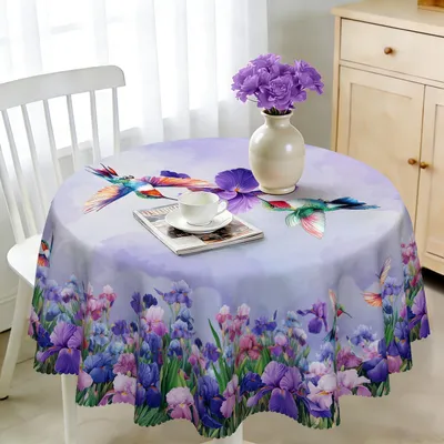 Zdjęcie produktu dla Obrus okrągły, średnica 140 cm, odporny na warunki atmosferyczne, łatwy do czyszczenia, wykonany z poliestru, wzór: kwiaty kolibra