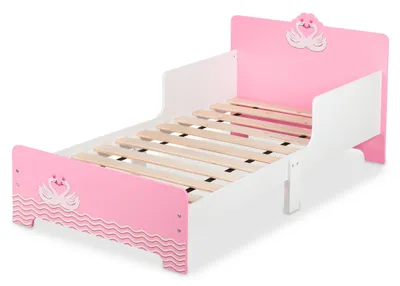 Zdjęcie produktu dla Łóżeczko dziecięce Relaxdays z zabezpieczeniem przed wypadnięciem, wys. x szer. x gł.: 60 x 77 x 143 cm, stelaż z listew, łóżeczko dla malucha z motywem łabędzia, MDF, biało-różowe