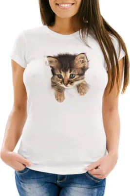 Produktbild von Damen T-Shirt Katze Katzenmotiv Katzenbaby Tiermotiv Slim Fit Moonworks® weiß XS