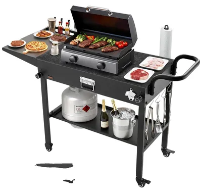 Obrázok produktu pre VEVOR Grilovací vozík Outdoor 787x432 mm (veľkosť dosky stola), skladací grilovací stôl s držiakom na utierky, háčikmi, kolieskami a bočným stolíkom, prípravný stôl na grilovanie, servírovací vozík na piknik, kuchyňu, záhradu