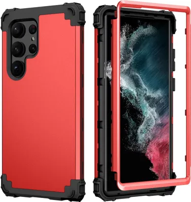 Produktbild von Galaxy S23 Ultra Hülle, 3 in 1 Hybrid PC TPU Stossfest Robust Schutzhülle für Samsung Galaxy S23 Ultra Rot