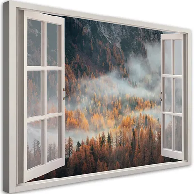 Obrázok produktu pre Obraz na plátne Okno jesenná hmla v horách 120x80 Feeby Hnedáa obraz na stenu pripravené na zavesenie