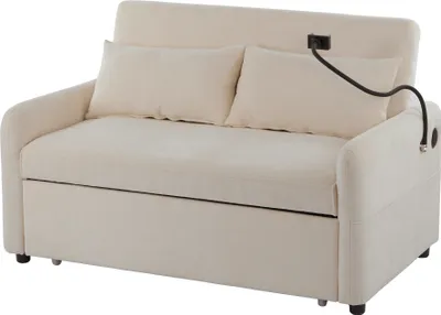 Produktbild von Doppel-Klappschlafsofa Multifunktionssofa mit Schlaffunktion Verstellbare Rückenlehne Mit Handyhalter und USB-Ladeanschluss Beige Chenille-Stoff