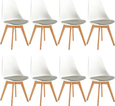 Eight white dining chairs with gray seat cushions and wooden legs are arranged in two rows on a white background.