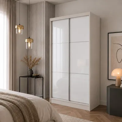 Produktbild von BEAUTYSOFA | Kleiderschrank 120 cm VIVA II Kaschmir, Schrank mit Schubladen, Schiebetüren Lacobel-Glas, Garderobenstange und Einlegeböden