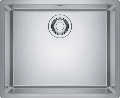 A top-down view of a stainless steel kitchen sink with a drain assembly in the center.