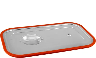 A rectangular stainless steel lid with an orange silicone rim on a white background.
