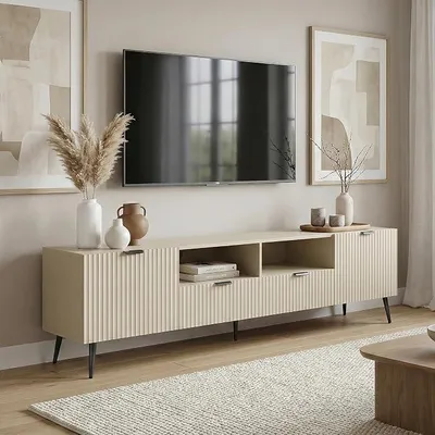 Imagen del producto de Mueble bajo con 2 puertas acanaladas. Mueble de televisión con 2 cajones. 180 x 40 x 51 cm. Aparador, cómoda, mesa de televisión. Color arena
