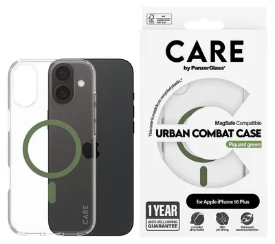 Immagine prodotto di PanzerGlass CARE by ® Custodia trasparente Urban Combat m. Grün MagSafe iPhone 16 Plus, Cover, Apple, Apple - iPhone 16 Plus, Trasparente