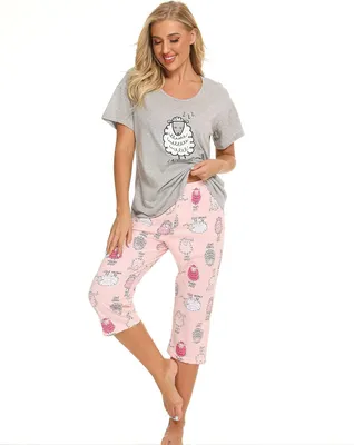 Immagine prodotto di Pigiama da donna a due pezzi, con maniche corte, color grigio, taglia M, ideale per l'estate