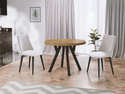 Produktbild von Designer Runder Ausziehbarer Esstisch - Loft-Stil, Industriell, Platzsparend - Schwarze Beine - 100 bis 200 cm - für 5-10 Personen - Hergestellt in EU - Lancelot Eiche - 200 cm