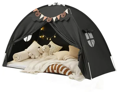 Produktbild von Bettzelt für Einzelbett Hochbett - Kinder Schlaftunnel - Atmungsaktives faltbares Spielzelt - Mit Sternenlicht und Wimpeln - Privatsphäre im Kinderzimmer - Schwarz