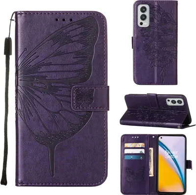 Produktbild von OnePlus Nord 2 5G Hülle, Schmetterling Prägung Flip Leder Kartenfächer Schutzhülle Ledertasche mit Ständer für OnePlus Nord 2 5G Lila