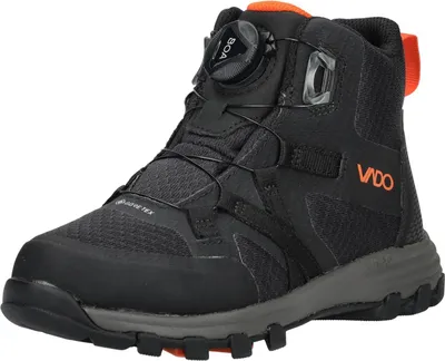 A black and orange hiking boot is shown against a white background.