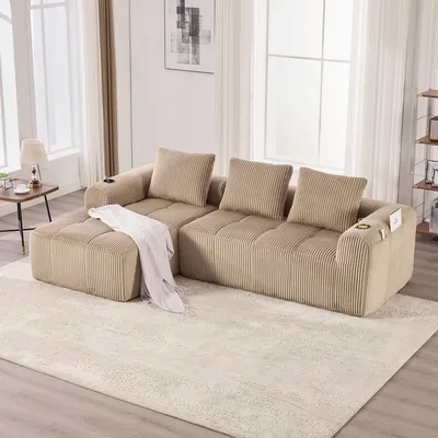 Obrázek produktu pro okwish Modulární pohovka rozkládací s DIY kombinovatelným systémem, kvalitní chaiselongue s boční kapsou a 3 polštáři, lounge sofa s držákem na nápoje, khaki