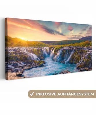 Produktbild von MuchoWow® - Leinwandbilder - Wasserfall - Pflanzen - Moos - Landschaft - Sonnenuntergang - Fels, Wandbild, Wanddeko Bilder Wohnzimmer, 40x20 cm