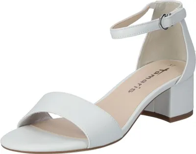 A white women's sandal with a block heel and ankle strap is shown against a white background.