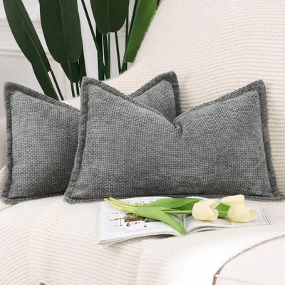 Immagine prodotto di Set di 2 federe per cuscini in velluto di microfibra, con bordo, colore grigio scuro, 40x60 cm