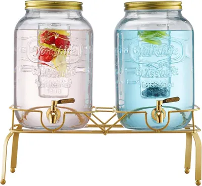 Imagen del producto de Dispensador de bebidas de 8 litros, ideal para fiestas. Incluye dos vasos de vidrio con su base