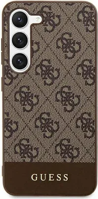 A close-up view of a brown phone case with the Guess logo pattern.