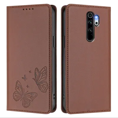 Image de Étui en cuir pour Xiaomi Redmi Note 8 Pro, motif papillon, étui à rabat avec porte-appareil, couleur marron