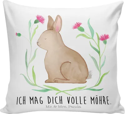 Produktbild von Mr. & Mrs. Panda Dekokissen Hase Sitzen - Weiß - Geschenk, 40x40, Kaninchen, kissen bedruckt, Ostern, für sofa, Kuschel, Osterhase, kuschelkissen, Osternest, Ostergrüße