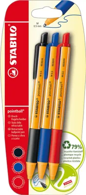Produktbild von Druck-Kugelschreiber - STABILO pointball - 3er Pack - blau, schwarz, rot
