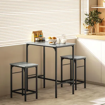 Produktbild von Bartisch-Set 3-teilig Grau Industrie-Stil, Bartisch & 2 Barhocker, Spanplatte Stahl, einschiebbare Hocker | 80 x 50 x 87 cm | bis 120 kg | H-Gestell