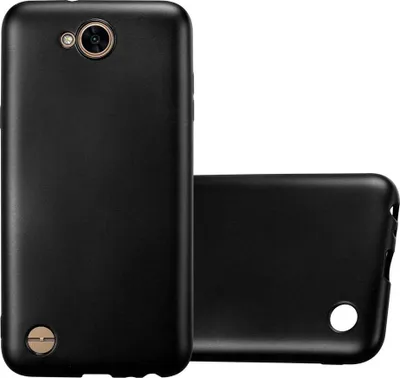 Two black phone cases are shown against a white background. One case is upright, showing the back with the camera cutout and a circular detail at the bottom. The other case is lying on its side.