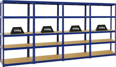 Produktbild von Mega Deal | 4x Schwerlastregal Slim Elephant S | HxBxT 180x90x45 cm | 5 Ebenen | Fachlast 350 kg | Blau