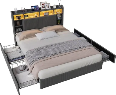 Productafbeelding van Moonbite bed met opbergruimte, 160x200 cm, linnen grijs, met 4 lades, nachtkastjes met USB, Type-C en LED-verlichting