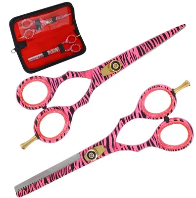 Productafbeelding van Kappersschaar - Kappersschaar rechtshandig - Uitdunschaar - 15 cm - Roestvrij staal - Roze met zebrapatroon