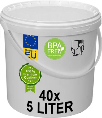Immagine prodotto di plasteo® 40x 5 litri con coperchio Secchio in plastica ermetico per alimenti Secchio in plastica Secchio vuoto Secchio da trasporto (40x 5 litri)
