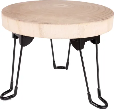 A small, round wooden table with black metal legs, shown from a slightly elevated angle.