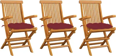 Produktbild von BESTE 2022© Outdoor-Stuhl Stilvollen mit robustem ,Gartenstühle mit Weinroten Kissen 3 Stk. Massivholz Teak Relaxsessel Armlehnstuhl mit Premium & schlichten Design *HOM