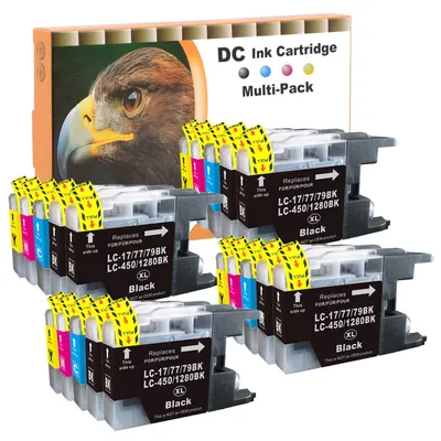 Imagen del producto de Kit de 20 cartuchos de tinta compatibles para impresoras Brother, modelo LC-1280 LC1280 LC17/77/79 LC450, tamaño XXL. Compatibles con las impresoras Brother MFC-J5910DW, MFC-J6510DW, MFC-J6710DW, MFC-J6910DW. Incluye: 8 cartuchos s, 4 cartuchos cian, 4 cartuchos magenta y 4 cartuchos amarillos. Con chip