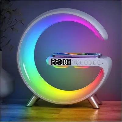 Obrázek produktu pro Bezdrátová nabíječka Qi s LED lampou, Bluetooth reproduktor, budík a ambientní světlo 4v1, rychlé nabíjení USB-C - MoonCharge