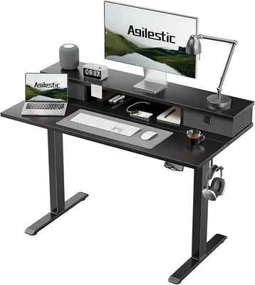 Produktbild von Höhenverstellbarer Schreibtisch mit 2 Schubladen | Schreibtisch elektrisch 100 x 60 cm, Gaming Schreibtisch mit 2 Speicherplätzen, Computertisch für Homeoffice, Schwarz