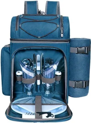 Produktbild von Picknickrucksack in Hellblau – 10 Liter Fassungsvermögen – aus Polyester und Kunststoff – für 2 Personen – inklusive Besteckset und Fleece-Decke