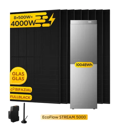 Produktbild von Powerness® Balkonkraftwerk mit Speicher 10048Wh, EcoFlow Stream 5000 Speicher mit EB 5000 Zusatzbatterie, 8 x 500Wp Solarmodule+Smart Meter