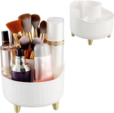 Productafbeelding van Unyqoos® Draaibare make-up organizer (360° draaibaar), 6 compartimenten, Ø 13,8 cm × H 11,5 cm per compartiment, gemaakt van duurzaam ABS-plastic, ruimtebesparend voor cosmetica, sieraden en kantoorartikelen
