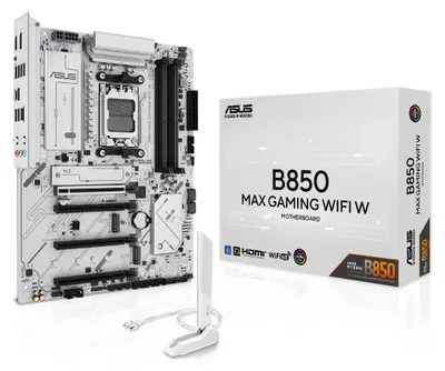 Produktbild von ASUS B850 MAX GAMING WIFI W, AMD, Sockel AM5, AMD Ryzen 7000 Series, AMD Ryzen 8000 Series, AMD Ryzen 9000 Series, Sockel AM5, DDR5-SDRAM, 256 GB