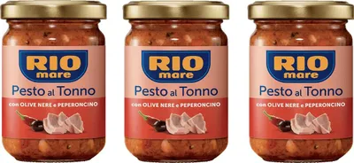 Produktbild von 3x Rio Mare Pesto al Tonno con Olive Nere e Peperoncino Thunfischpesto mit schwarzen Oliven und Chili 130g