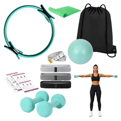 Produktbild von Relaxdays Pilates Set, 11-teilig, Ring, Ball, 4 Widerstandsbänder, 2 Hanteln, Tasche, Pilateszubehör für zuhause, grün