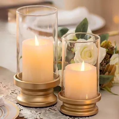 Productafbeelding van Kaarsenstandaards Set - Windlichten Decoratief - Sfeerverlichting Creëren - Stabiele Metalen Basis - 2 Stuks - Goud