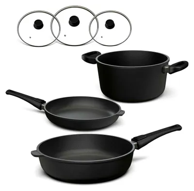 Produktbild von Aluguss Topf- und Pfannenset mit Glasdeckel und abnehmbarem Stiel, 6-teilig, für alle Herdarten, auch Induktion, Germany, 100 % verzugsfrei
