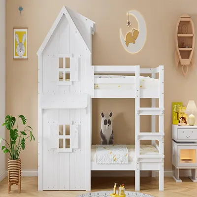 Immagine prodotto di Letto a castello 90x200 cm, bianco, in legno di pino, MDF e compensato, con tetto, finestre e sponde di sicurezza laterali, ideale per la cameretta dei bambini