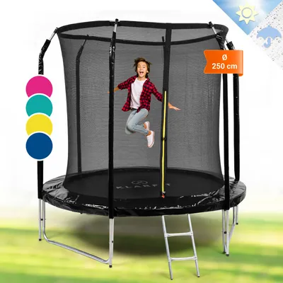 Image de Klarfit Trampoline Exterieur Enfant, Trampoline Avec Filet de Protection, Echelle stable, Toile résitante aux UV, Petit Trampoline Compact Enfants, Jeu de Jardin pour Enfants, Filet Sécurité, 250 cm