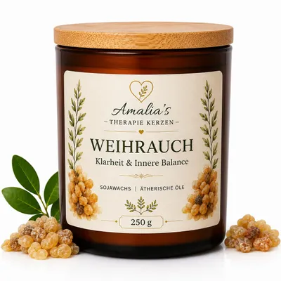 Produktbild von Amalia's Aromatherapie Kerzen Weihrauch 250g – Duftkerze aus Sojawachs, sehr intensive duft mit ätherischen Ölen, KI-generiertes Bild